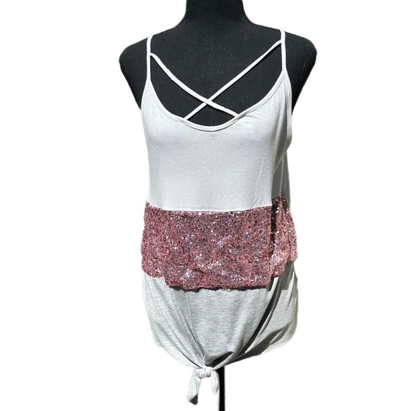 Full Of Sparkle Front Knot Halter Top- Ivory, Pink, &‎ Gray - Picture 2 of 7